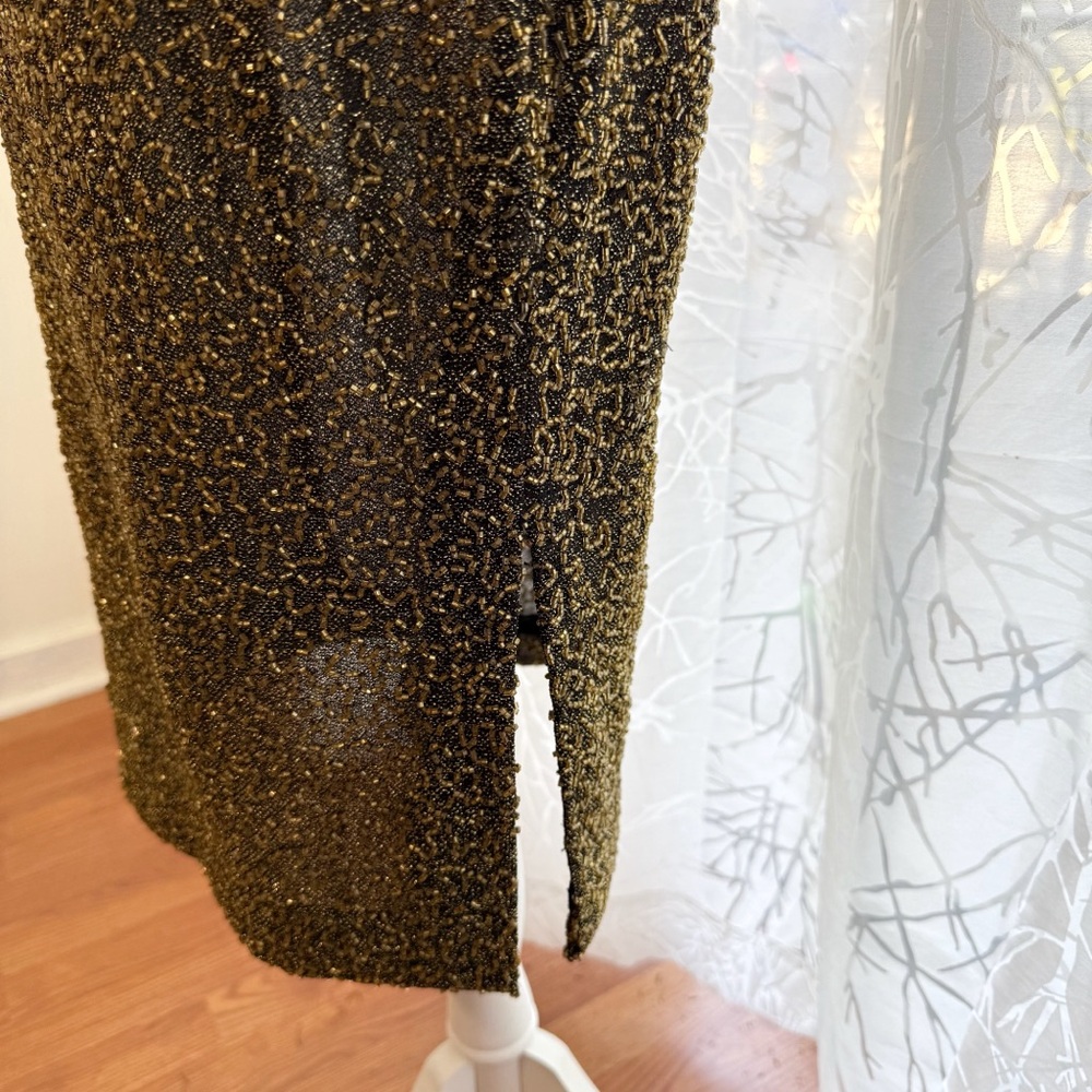VINTAGE BLACK TIE OLEG CASSINI GOLD BEADED SLEEVELESS MIDI GOWN - Picture 7 of 16